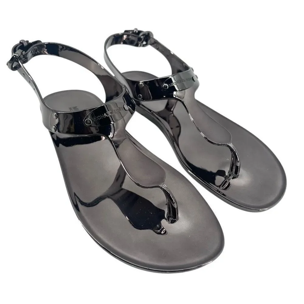 Michael Michael Kors Gunmetal Jelly Thong Sandals Size 6M Logo Plate Detail